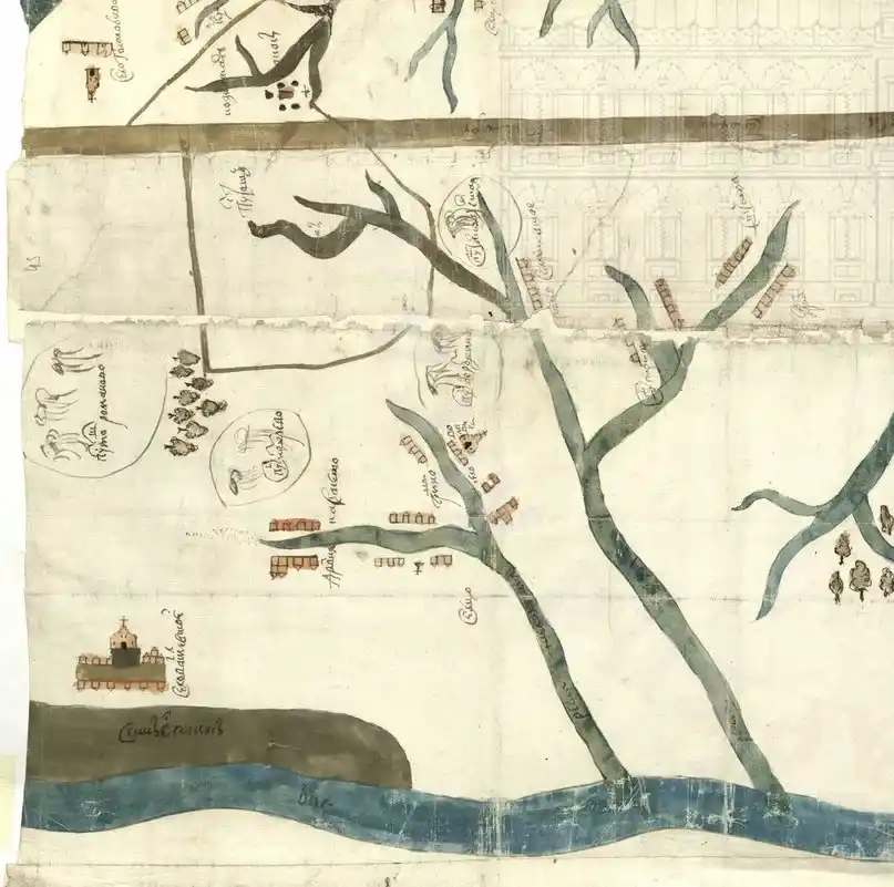 Местность Карасевской лесной дачи. Извлечение из чертежа 1699 г. Ф. 1209. Оп. 77. Ед. хр. 25186. Л. 1.