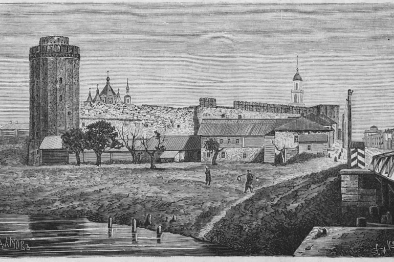 Две башни и часть стены в Коломенском кремле. Рисунок А. О. Адамова с фотографии, гравер Л. А. Серяков. Журнал "Всемирная иллюстрация", 1872, том 7, номер 25.
