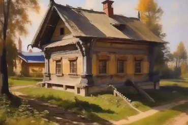 Изображение деревенской избы, сгенерированное ИИ "Шедеврум" по запросу "русский простой бедный деревенский дом 19 век". Так мог выглядеть сельский казенный питейный дом Зеркалёвка в Серпуховском уезде.