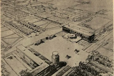 Входная площадь Каширского электровозостроительного завода. Архитекторы А. С. Фисенко и Е. М. Попов. Проблемы архитектуры : Сборник материалов : Том I, книга 2 / Под редакцией А. Я. Александрова ; Всесоюзная Академия архитектуры. — Москва : Издательство Всесоюзной Академии архитектуры, 1936. — С. 27.