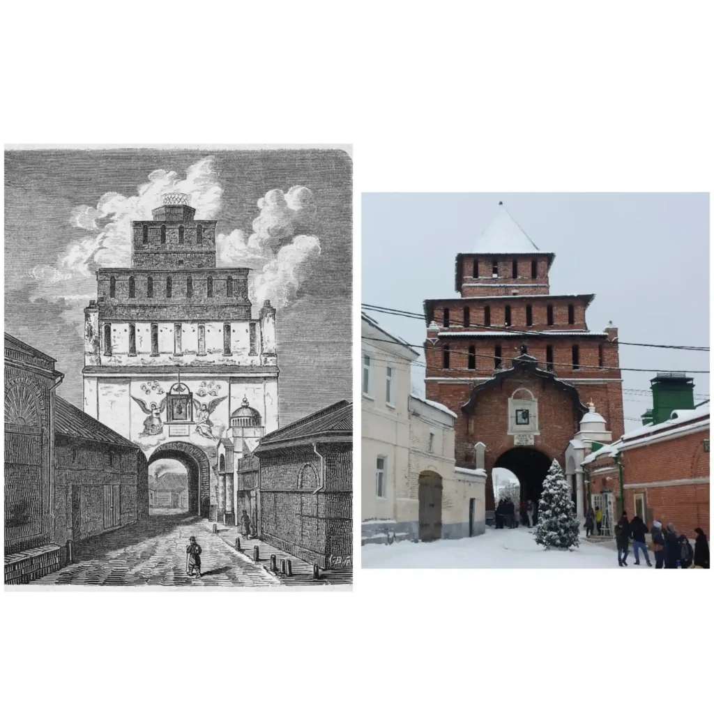 Пятницкие ворота Коломенского кремля. Слева - 1872 год (источник: журнал "Всемирная иллюстрация", 1872, т. 7, N 25, С. 405). Справа - Пятницкие ворота образца января 2017 года (источник: Залата Т. К.).
