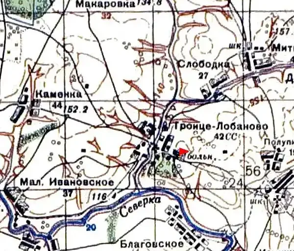 Троице-Лобановская больница на карте РККА N-37 (А) 1941 года (составлена по данным за 1935 - 1940 гг.).