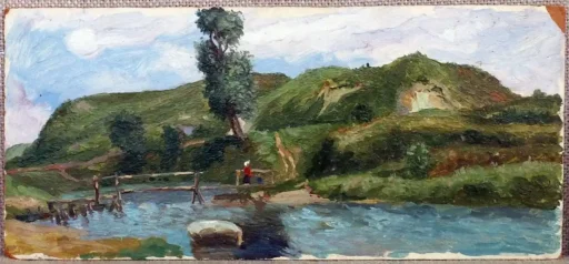 И. М. Котусенко. Этюд "Городищенская крепость. Мост через р. Каширку" (1940 - 1990 гг.). Период создания: 1940-1960-е гг. Материал, техника: картон, масло. Размер:15х33,5 см Номер в Госкаталоге: 9469457 Номер по КП (ГИК): СИКМ КП 2593/0602. Страница в Госкаталоге: https://goskatalog.ru/portal/#/collections?id=9522316.