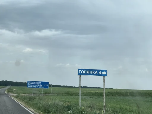 Указатель - поворот на село Голянка Новосильского района Орловской области и к святому источнику Всемилостивого Спаса и Пресвятой Богородицы в селе Шейно.