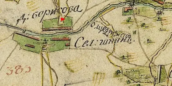 Деревня Борисово Коломенского уезда на плане Генерального межевания 1797 г. Храмовое место (примерное местонахождение) обозначено флажком.