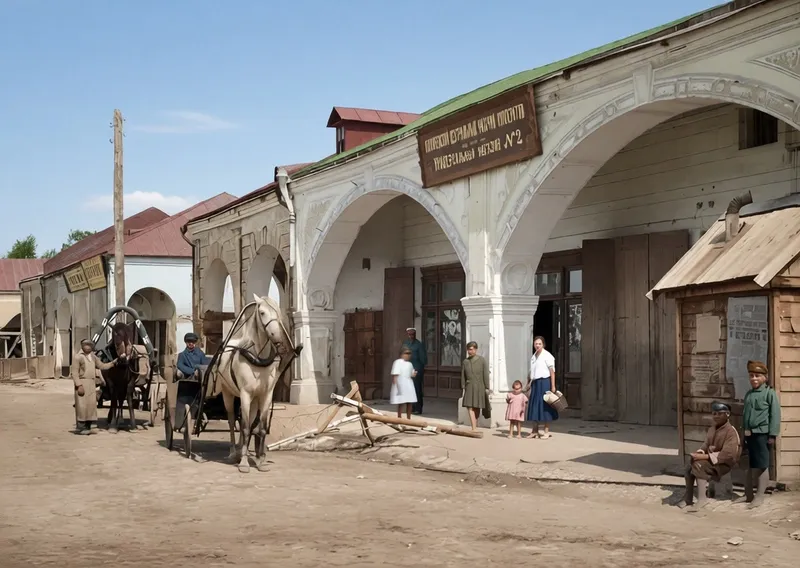 Коломна, универмаг ЦРК № 2 в торговых рядах. 1920-е гг. Колоризированная фотография.