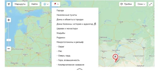 Краеведческая карта на портале "Про Край" - фильтр по объектам.