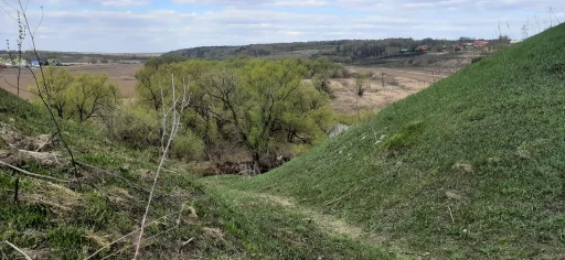 Вид от Старокаширского городища на реку Каширку. Примерно тот же вид, что и на фотографии 1913 года. Фото весны 2023 г.