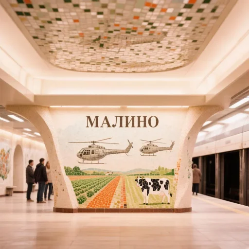 Станция метро "Малино" по версии ИИ (нейросеть Kandinsky). В интерьере станции использована мозаика, символизирующая главные бренды Малино: вертолёты, овощеводство и молоко. К сожалению, во многом всё это — уже прошлое. Но хотя бы из уважения к прошлому...
