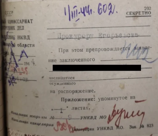 Заявление об объявлении голодовки в Егорьевской тюрьме. 1944 год. Территориальный отдел по г.о. Егорьевск Управления №5 ГБУ МО «ЦГАМО», Ф. 83, Оп. 1, Д. 5, Л. 442-450.